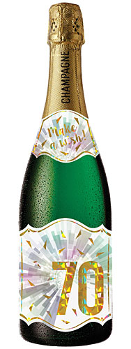 70th Birthday Champagne Bottle Card (Pastel Burst) - Click Image to Close