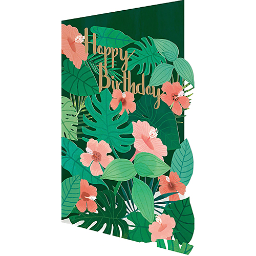 Pink Flowers & Green Leaves Birthday Card - Click Image to Close